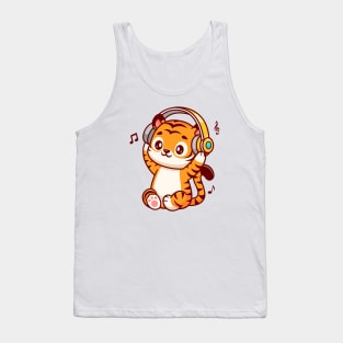 Cute Tiger Listening Music With Headphone Cartoon Tank Top